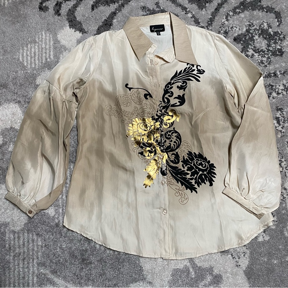 Lynn Ritchie 100% Silk Metallic Damask Graphic Button Down Blouse